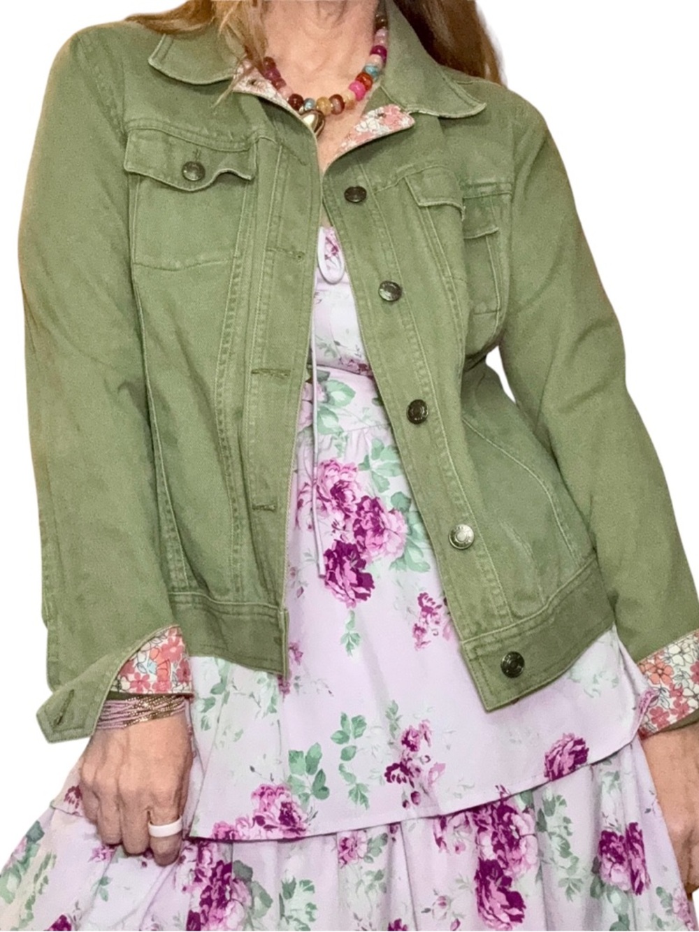 LL Bean Moss/Olive  Green Denim Jacket Floral Cuffs Vintage 100% Cotton Medium